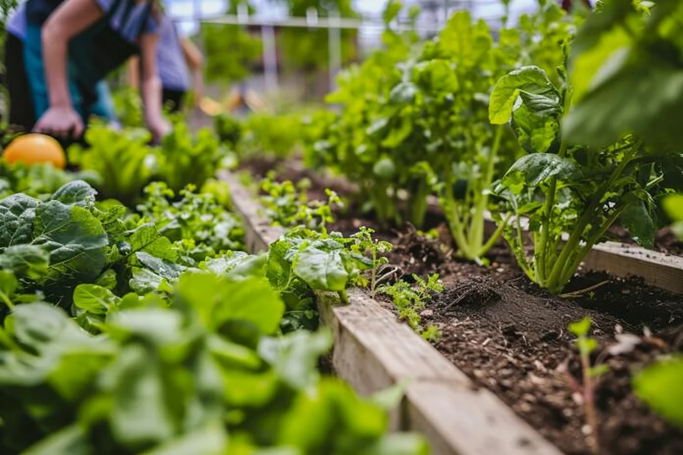 Huerto ecológico con verduras frescas en bancales de madera